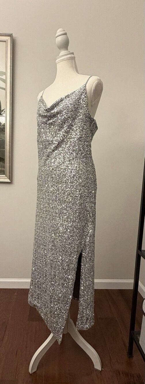 Greylin Silver Sequin Midi Dress Formal Cocktail Wedding Party - Picture 3 of 7